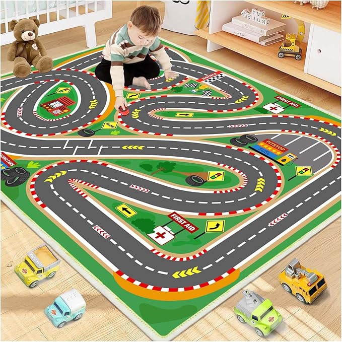 Kids Rug Race Track Play mat Playroom Rug Car Rugs for Kids Toy Cars Road Rugs for Kid Classroom (Race-Green, 2.6x3.9ft)