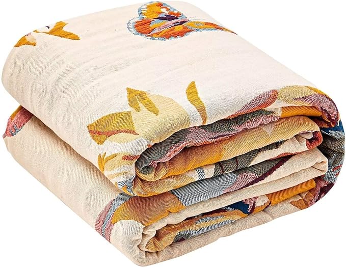 Boho Throw Blanket, 100% Cotton Ultra Soft Luxury Throw Rustic Quilt, 80"x90" Floral Bird Butterfly Farmhouse Decor Bed Blankets, All Season Rustic Reversible Bohemian Throw for Bed - Yellow