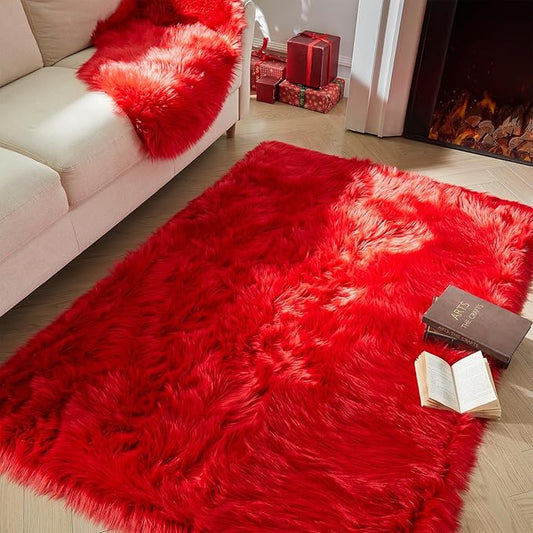 AMTOVO Faux Fur Sheepskin Rug for Living Room, 4 x 6 ft Red Fluffy Area Rug for Bedroom, Playroom, Luxury Room Decor, Rectangle