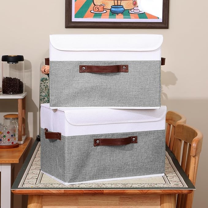 ANMINY 4PCS Storage Boxes with Lid Washable Decorative Storage Bins Basket with PU Leather Handle Foldable Linen Fabric Storage Cubes Containers for Home Closet Organizer - Gray White, Large Size