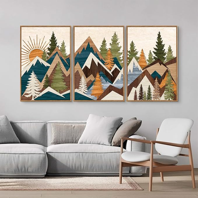 Tinonedraw Large Metal Mountain Framed Canvas Wall Art of 3, Boho Rustic Sunrise Forest Wall Decor, Modern Nature Country Artwork, Vintage Wilderness Art Print for Living Room Bedroom Office 16"x24"