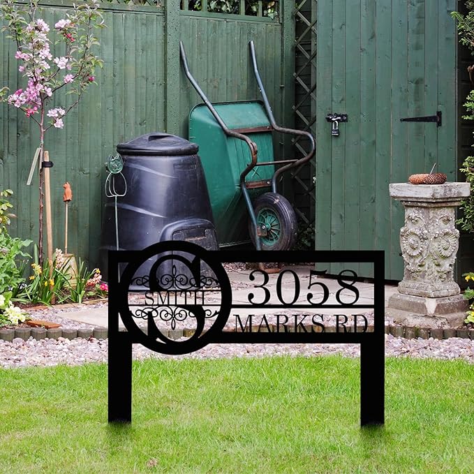 Personalized Metal Yard Address Sign with Last Name and Monogram, House Number Sign for Lawn and Patio
