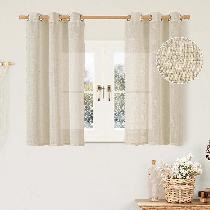 LAMIT 45 Inch Short Window Linen Curtains for Bedroom, Light Filtering Panels Bronze Grommet Neutral Drapes for Cafe/Bathroom/Loft Room, Linen, 2 Panels, 34 x 45 Inch