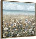 Framed Wall Art for Bedroom Decor Farmhouse Boho Beach Coastal Vintage Floral Ocean Wall Picture Daisy Flowers Sea Canvas Print Nautical Neutral Seascape Artwork for Home Living Room Bedroom Office