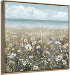 Framed Wall Art for Bedroom Decor Farmhouse Boho Beach Coastal Vintage Floral Ocean Wall Picture Daisy Flowers Sea Canvas Print Nautical Neutral Seascape Artwork for Home Living Room Bedroom Office