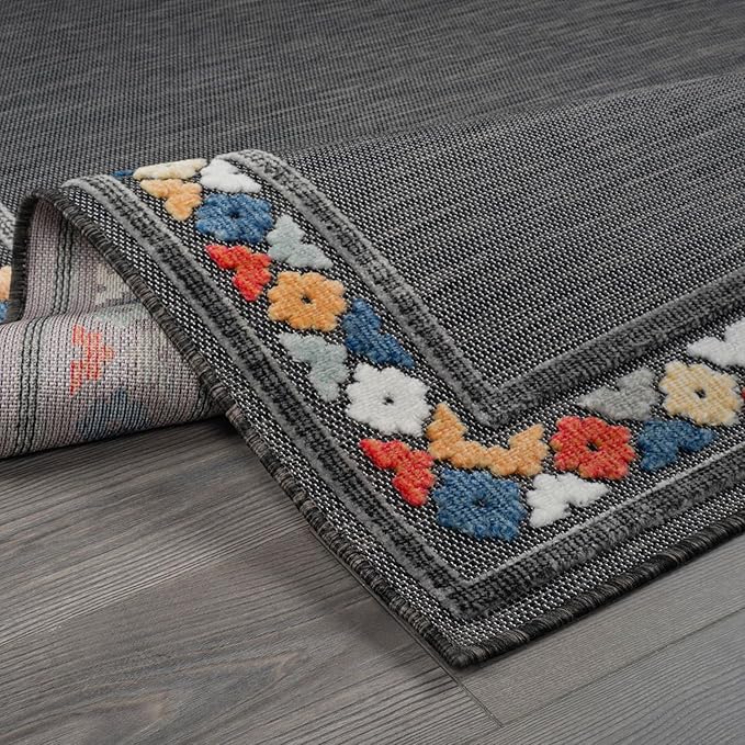 Beverly Rug Outdoor Rug 8x10 Modern Bordered Area Rugs for Indoor and Outdoor Patio Easy to Clean Non Shedding Living Room Porch Garden Washable Outside Carpet (8 x 10 Dark Gray)