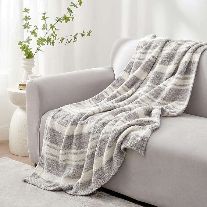 Snuggle Sac Grey Stripe Knitted Throw Blanket for Couch, Reversible Super Soft Warm Blankets Cozy Knit Fuzzy Plush Lightweight Throws for Sofa, Bed, Stripe Grey, 50 x 60 inches
