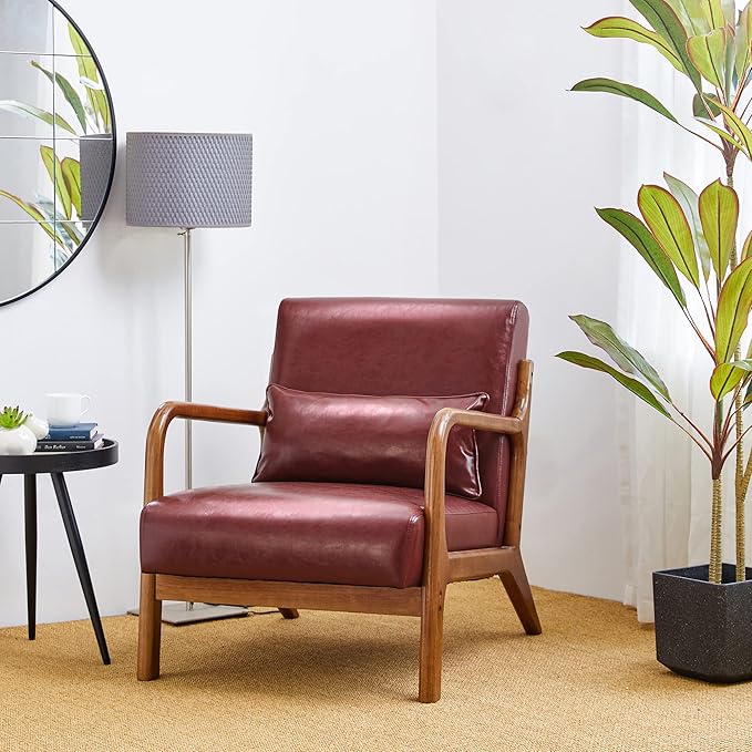 Glitzhome 30.75" H Mid Century Red Accent Armchair, Single Reading Armchair PU Leather Lounge Chair with Walnut Ruberwood Frame