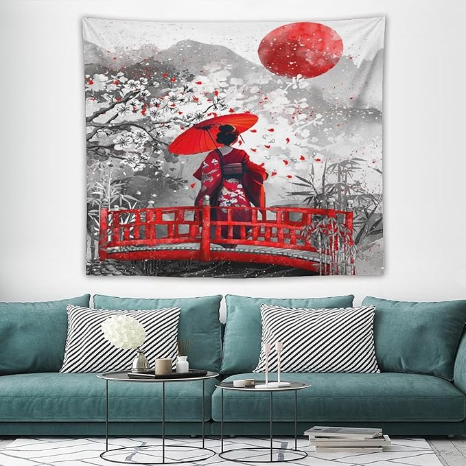 Japanese Red Geisha Tapestry Asian Cherry Blossom Red Sun Traditional Kimono Folk Tapestries Home Decor for Living Room Bedroom Apartment Farmhouse Dorm 60"x50"