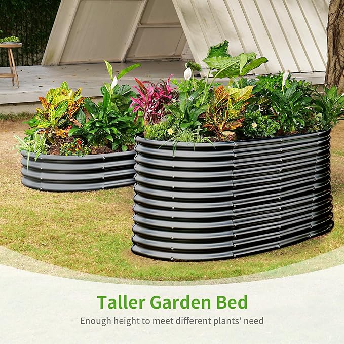 Land Guard 8x4x3ft Oval Galvanized Raised Garden Beds, Large-Capacity Metal Planter Box Outdoor, Durable Deep Raised Garden Bed 3ft Tall, Raised Beds for Gardening Vegetables, Dark Grey