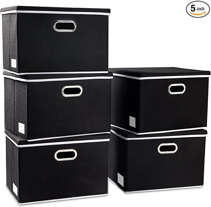 PRANDOM Extra Large Collapsible Storage Bins with Lids [5-Pack] Linen Fabric Foldable Storage Baskets Boxes Organizer Containers Cube with Cover for Bedroom Closet Office Nursery (22.8x15.75x13.8)