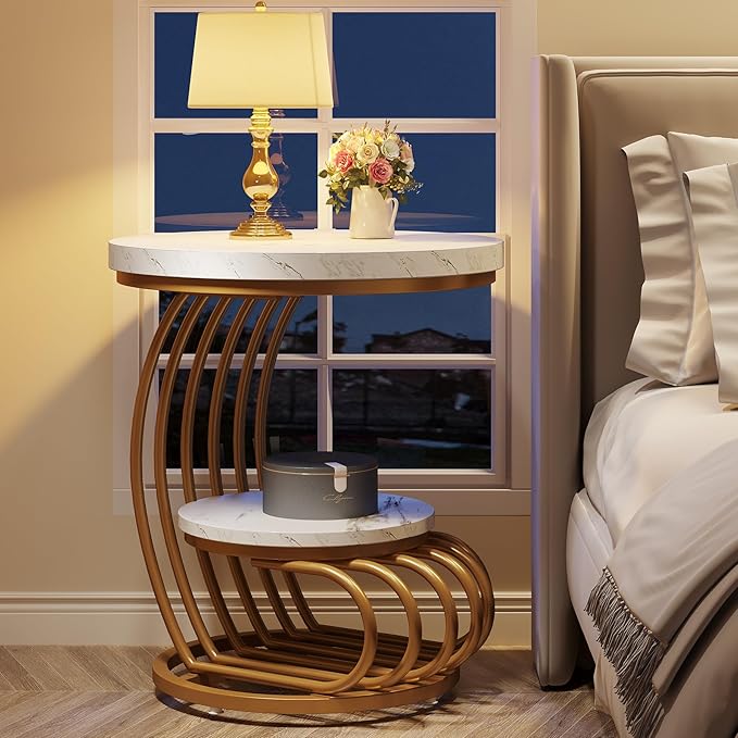 Tribesigns Gold Round End Table: 2 Tiers Side Table Set of 2 with Storage Shelf, Modern White Gold Bedside Nightstand, Metal Faux Marble Accent Table for Living Room