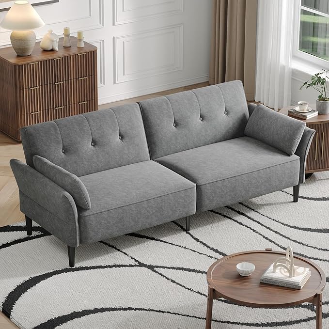 89” Futon Sofa Bed, Comfy Futon Couch Bed with 2 Square Pillows, Convertible Sleeper Sofa with Adjustable Backrest& Armrests, Modern Loveseat Sleeper for Living Room, Bedroom, Light Gray
