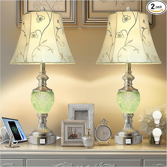 Bedside Table Lamp Set of 2 with Nightlight and USB A+C Ports, 27'' High Vintage Table Lamps with Silver Leaf Finish and Embroidered Shade, Nightstand Lamps Decor for Bedroom Living Room Home Office