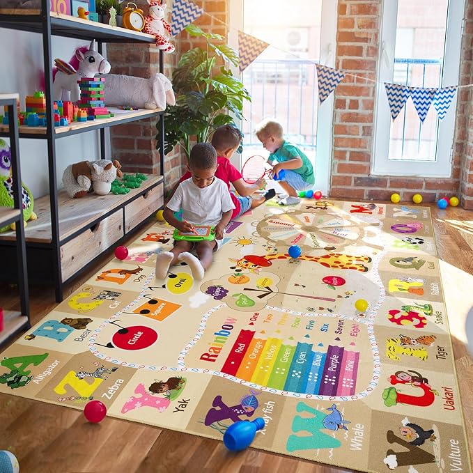 7x10 Playroom Rugs for Kids Washable, Educational and Fun Playmat with ABC Alphabet Animals Shapes Colors, Non-Slip Play Mat Learning Rug for Baby Toddler Children Game Activity，Beige, Pink