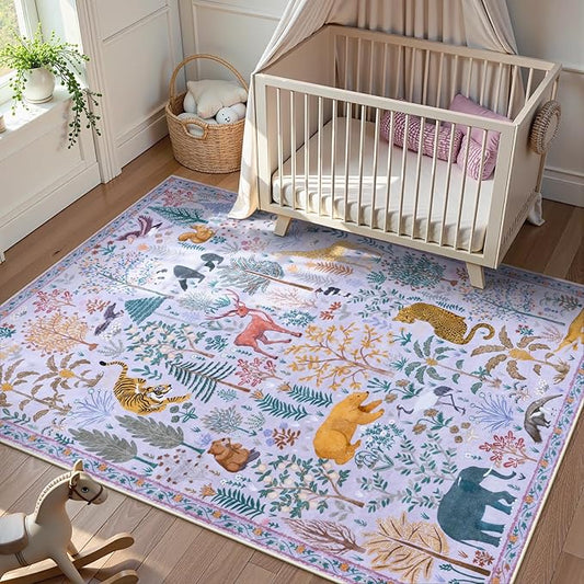 OJIA Animal Print Washable Rug 5x7 Area Rugs for Nursery, Soft Kids Bedroom Rug Ultra-Thin Non-Slip Modern Living Room Carpet, Stain Resistant Throw Carpet for Office Dining Room