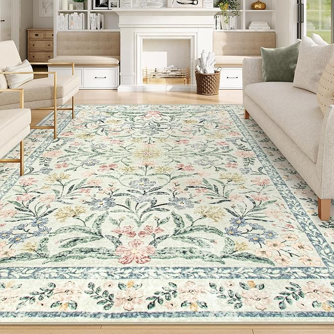 Wonnitar Large Rugs for Living Room, Soft Washable Floral 9x12 Area Rug for Bedroom, Boho Non-Shedding Foldable Carpet for Kids Playroom Apartment Home Decor