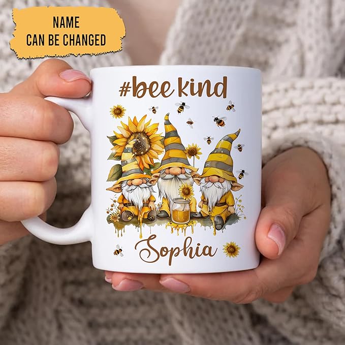 Hyturtle Personalized Bee Gnomes Mug - Bee Keeper Gifts For Women - Honeybee Gifts For Gnomes Lover - Animals Present For Lover - Teacher Appreciation Present - Custom Coffee Cup Ceramic Mug 11 15 Oz
