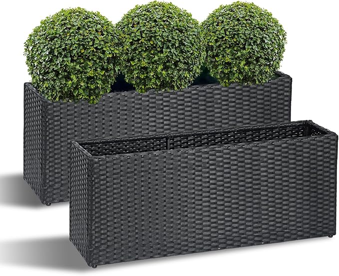 SUNNYPARK Set of 2 Large Rectangular Planter with Removable Liner, All-Weather PE Rattan Modern Planters Indoor Outdoor Flower Plant Pots Garden Box Patio Yard Front Porch Deck