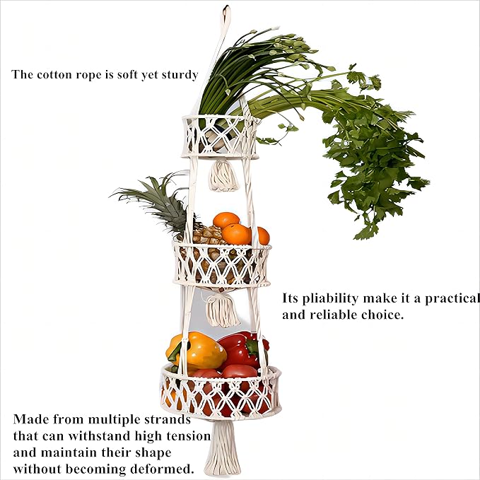 Pony River Hanging Fruit Basket, 3 Tier Cotton Macrame Produce Basket for Kitchen, Indoor Planter Hangers.