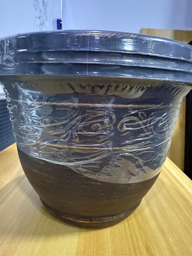 Plastic-Plant-Flower-Planters-16 Inch with Drainage Hole & Saucer, 3 Packs Lightweight Small Resin Flower Pot Indoor Outdoor, Retro Antique Imitation Decorative Garden Containers Sets for Houseplants