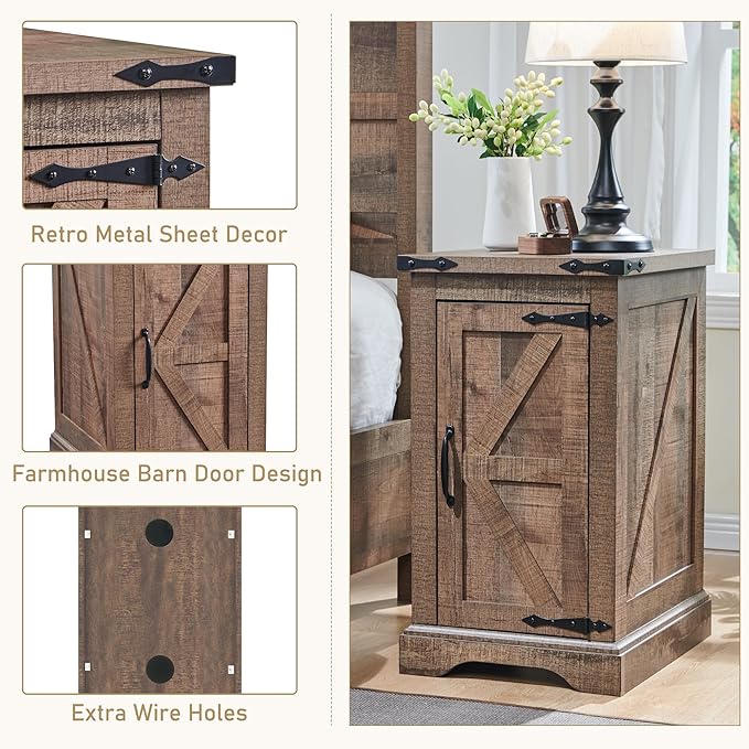 JXQTLINGMU Nightstand with Charging Station, Rectangular Farmhouse End Table with Barn Door and Adjustable Storage Shelf, 17" Deep Wood Rustic Sofa Side Table for Living Room, Bedroom, Light Brown
