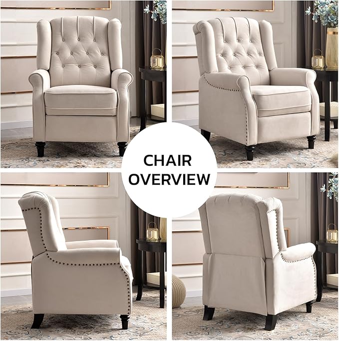 EBELLO 2 Pcs Pushback Recliner Chairs, Fabric Armchair Push Back Recliner with Rivet Decoration, Single Sofa Accent Chair for Living Room, Bedroom,Beige