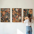 Tinonedraw Vintage Burnt Orange Floral Framed Canvas Wall Art Set of 3, Boho Chic Flower Artwork, Mid Century Modern Plant Wall Decor, Colorful Neutral Botanical Art Prints for Bedroom Living Room Office 16"x24"