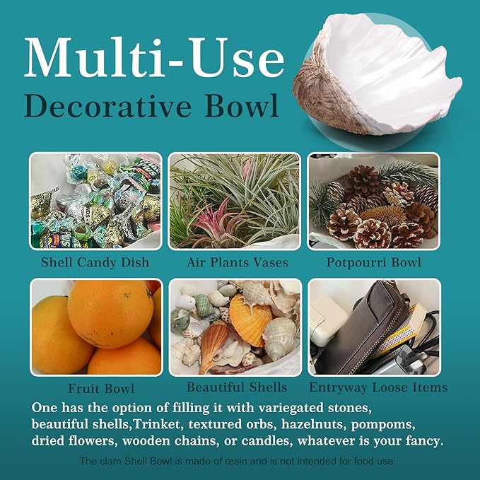 Large EarthTan-White Sea Shells Decorative Bowl Resin Clam Shell Bowl Beach Decorations for Home Coastal Beach Decor Decoration Storage Bowls & Home Office Nautical Themed Party Decor -10.2"-1PC