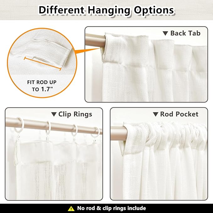 MYSKY HOME Natural Linen White Curtains 84 Inches Long, Semi Sheer Soft Cotton Window Drapes Set for Living Room Back Tab Elegant Cute Look Country Bedroom Curtains, 50" x 84", Beige, Pack-2