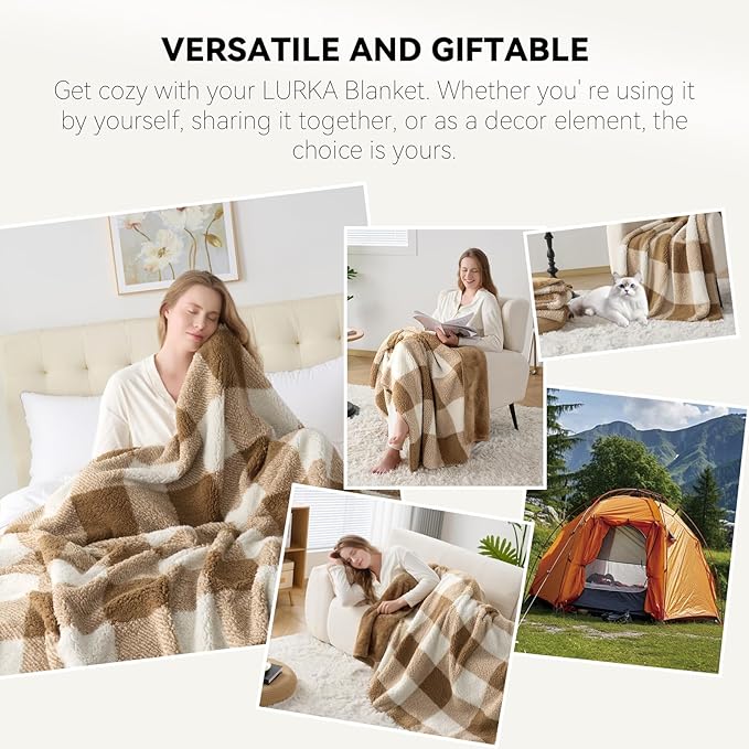 LURKA Checkered Sherpa Fleece Queen-Size Bed Blanket - Extra Thick and Warm Winter Soft Fuzzy Plush Blanket for Couches, Beds & Pets, Brown, 90x90 Inches