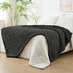 Bigacogo Chunky Knit Throw Blanket for Couch, 51x63 inches, 100% Hand Knitted with Thick Jumbo Chenille Yarn, Cozy Soft Large Rope Knot Cable Crochet Blankets for Sofa Bed Living Room, Dark Grey