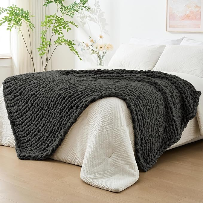 Bigacogo Chunky Knit Throw Blanket for Couch, 60x80 inches, 100% Hand Knitted with Thick Jumbo Chenille Yarn, Cozy Soft Large Rope Knot Cable Crochet Blankets for Sofa Bed Living Room, Dark Grey