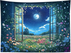 LB Wildflower Moon Tapestry, Window Forest Plant Green Leaf and Garden Colorful Floral Wall Tapestry for Bedroom, Night Sky Wall Art for Living Room Dorm Home Decor Ready to Hanging, 48 x 36 Inches