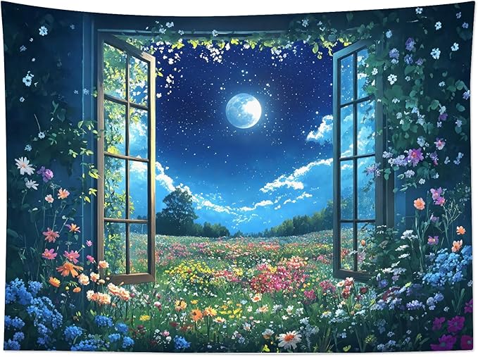 LB Wildflower Moon Tapestry, Green Plant Outside Window and Colorful Floral Wall Tapestry for Bedroom, Garden Wall Art for Living Room Dorm Home Decor Ready to Hanging, 92.5 x 70.9 Inches