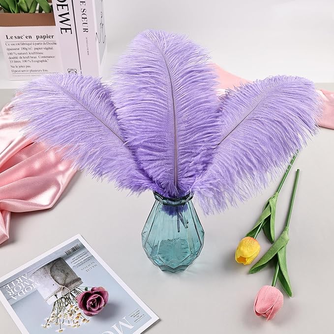 THARAHT Lavender Ostrich Feathers 24pcs Natural Bulk 10-12Inch 25cm-30cm for Crafts Wedding Party Centerpieces Easter Gatsbi and Decoration Feather