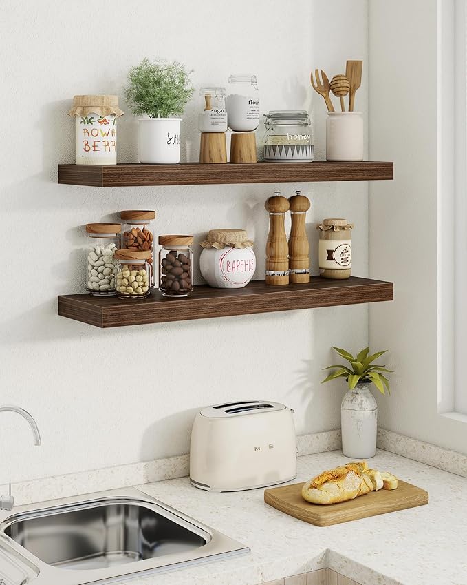Marsmiles 30" Floating Shelves for Wall, Wooden Shelves with Invisible Brackets Set of 2, Rustic Farmhouse Wall Mounted Shelf for Kitchen Bathroom Living Room Study, Walnut