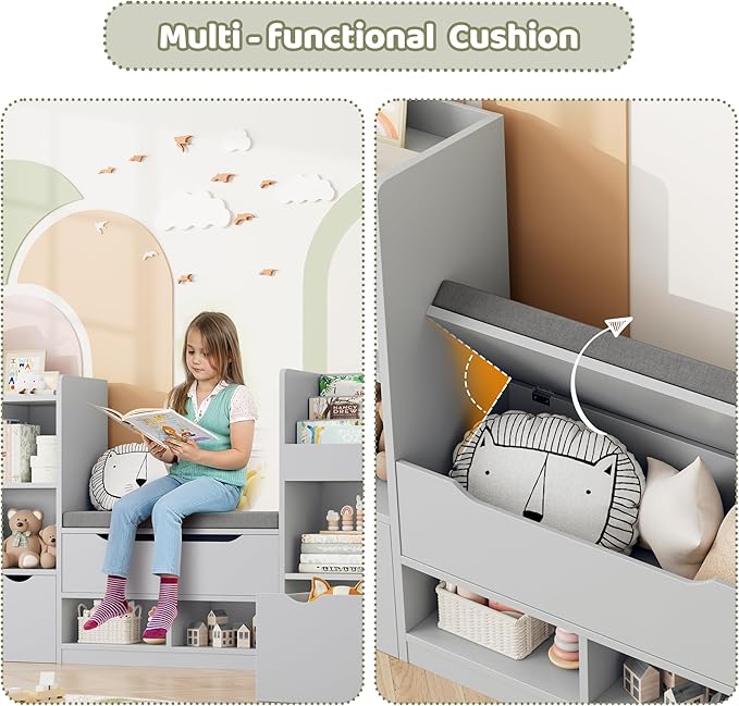FOTOSOK 72” Kids Bookshelf with Reading Nook, Large Toy Storage Organizer with Seat Cushion and 3 Movable Drawers, Kids Reading Nook Toy Organizers and Storage with Bench for Living Room, Grey