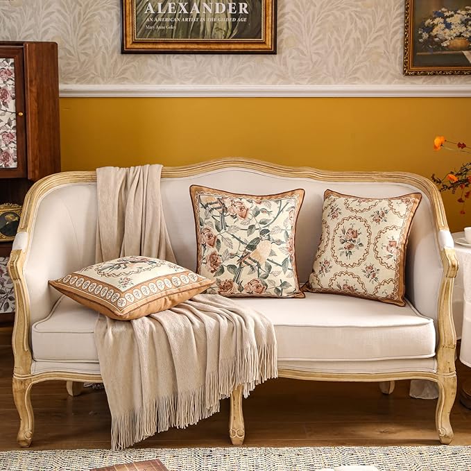 patdrea Designer Vintage Floral Throw Pillow Covers for Couch Set of 4,Brown Yellow Linen Pillowcases with Bird and Rose Pattern Decorative Cushion Cover for Bedroom Living Room Outdoor Car Cafe