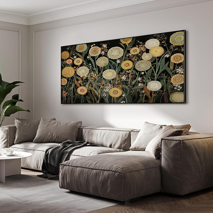 SIGNWIN 36"x72" Extra Large Framed Wall Art Whimsical Dandelion Field in Yellow and Green, Playful Botanical Print for Home Living Room Bedroom Decor (Frame Assembly Required)