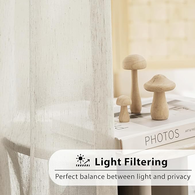 FMFUNCTEX Linen Sheer Curtains for Bedroom, Beige Curtains 63 Inch Length Short Light Filtering Draperies for Living Room, Natural Cream White Light Filtering Farmhouse Curtain Grommet Top 2 Panels