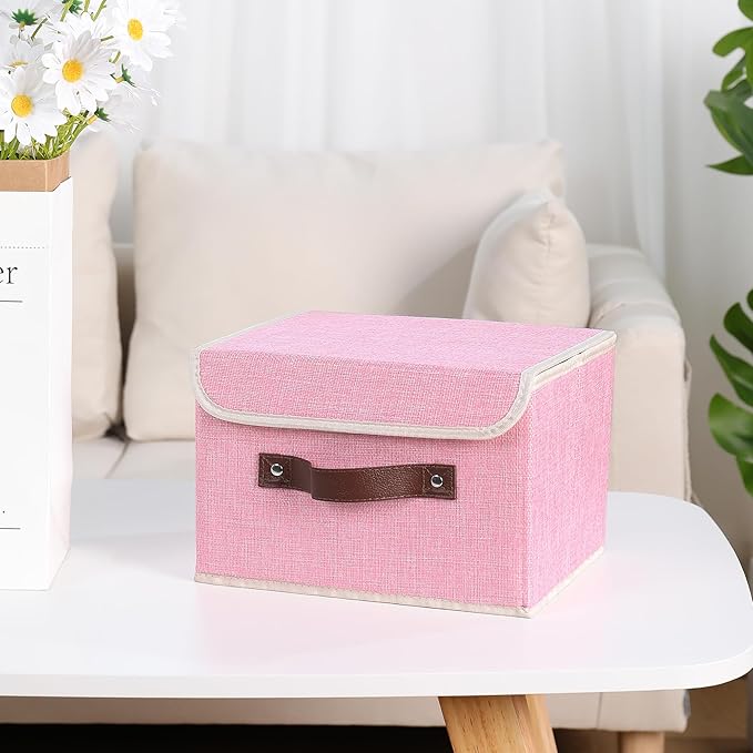 ANMINY 4PCS Storage Bins with Lid PU Leather Handles Storage Boxes PP Plastic Board Decorative Foldable Lidded Cotton Linen Fabric Home Cubes Baskets Closet Organizer Containers - Pink, Small Size