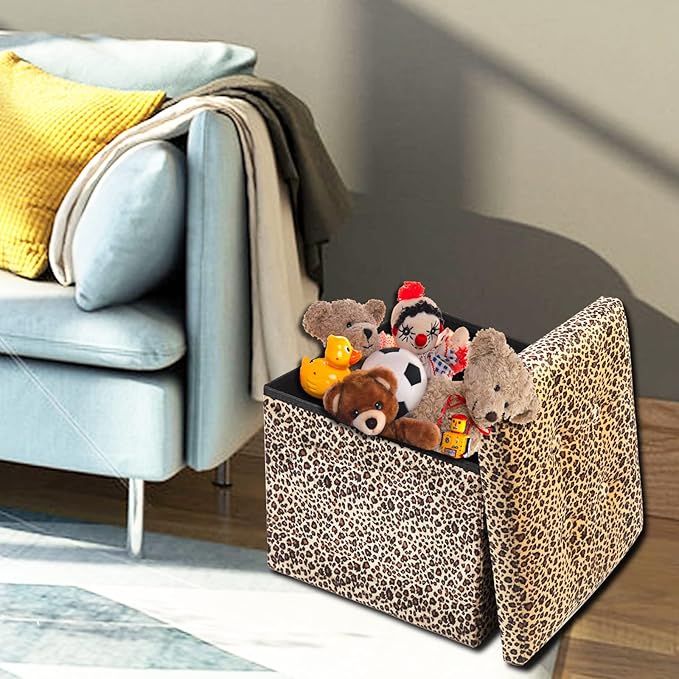 ALASDO Ottoman Storage Ottoman Footrest Stool Small Ottoman with Storage Foldable Ottoman Foot Rest Footstool Bench for Living Room 17x13x13inches Leopard Print