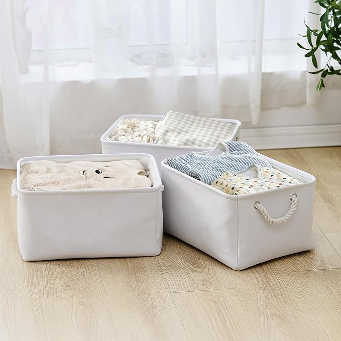 TheWarmHome Storage Basket for Gifts Empty - Large 3 Pack 15.7x11.8x8.2 inch Storage Basket for Organizing with Handles, Canves Storage Bins for Organizer Closet Toy Cubes Gift (White)