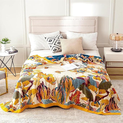 100% Cotton Throw Blanket for Bed Couch Summer 98''x 98'' Super Soft Muslin Blankets Warm Boho Quilt Lightweight Farmhouse Decorative Bed Blankets