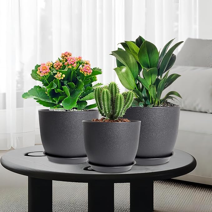 12/10/9 inch Big Flower Pots, 3 Pack Modern Decorative Plastic Planters with Drainage Holes and Tray, Plant Pots for Indoor Outdoor Plants, Black