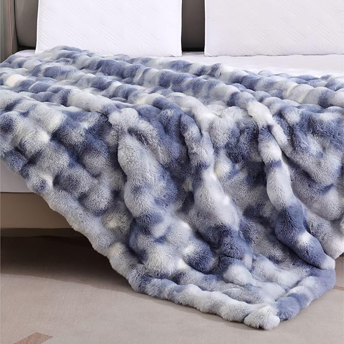 Tie-dye Blue Soft Comfy Throw Blanket for Couch Bedroom Faux Fur 50x60 Fluffy Blanket for Living Room Furry Bed Comforter Cozy Home Decor Gifts 860 GSM