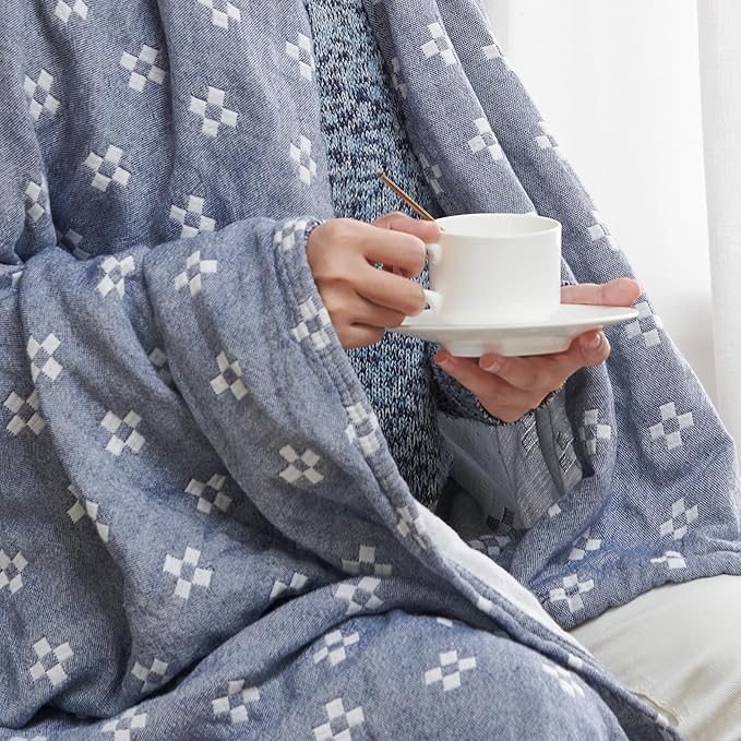 jinchan Boho 100% Cotton Blanket Muslin 50x60 Inches Lightweight 3-Layer Geometric Cross Pattern Reversible Quilt Throw Soft Breathable Comfy All Seasons for Couch Bed Decor, Blue
