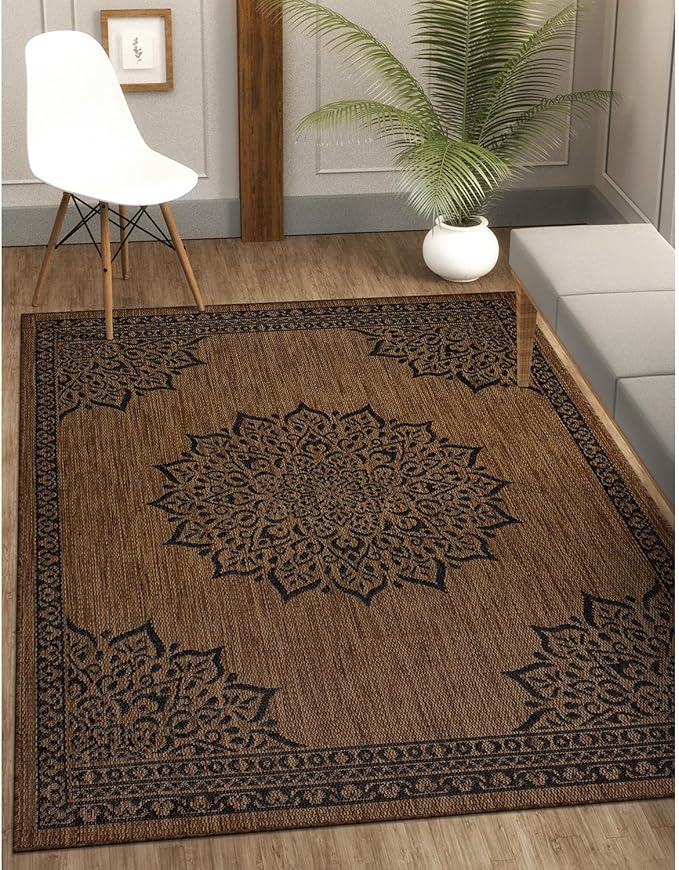 CAMILSON Outdoor Rug, 5x7 Medallion Nut Brown Black Modern Area Rugs for Indoor and Outdoor Patios, Kitchen and Hallway Mats, Washable Porch Deck Outside Carpet (Medallion Nut Brown Black, 5 x 7)