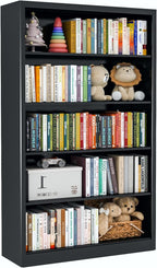 Black Bookshelf, 55” Adjustable Tall Metal Bookshelf, 5-Tier Toy Storage Organizer with Anti-Tilt Device, Modern Book Cases and Book Shelves for Bedroom, Playroom, Classroom, Study